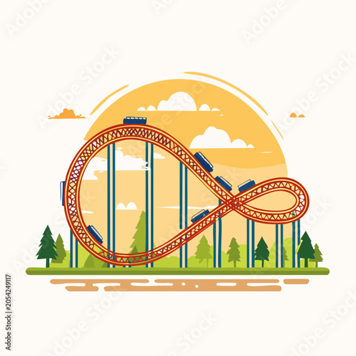 Roller Coaster Ride with Loop and Sunset Background