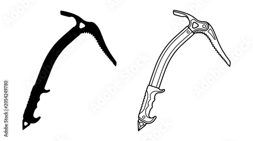 Bild auf Leinwand Ice Axe Silhouette And Line Drawing On White Background