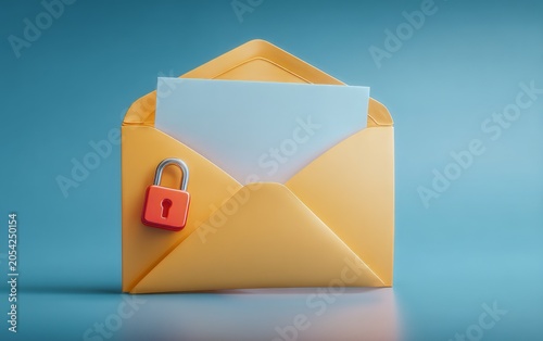Bright yellow envelope with blue paper and red padlock symbol on a blue background
