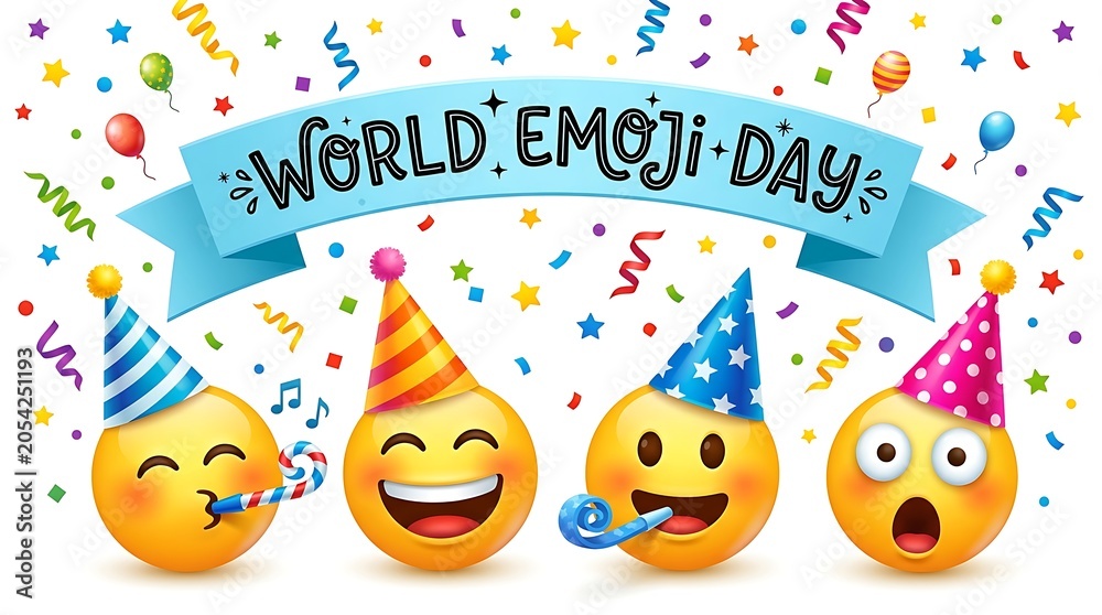 Fototapeta premium World emoji day celebration with party hats and confetti celebration confetti