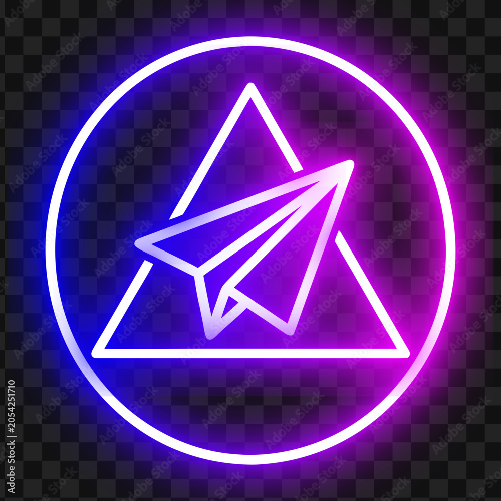 Naklejka premium Neon paper plane icon with glowing triangle and circle frame vector illustration