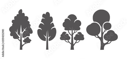 Fényképezés Four stylized dark gray trees with distinct shapes and branches nature silhouett