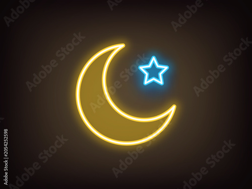 Outline neon crescent, yellow blue. Neon crescent with star, half moon icon. Crescent for Islamic holidays, Ramadan. Magic dream, moon phase and cycle, night and sleep time. Vector