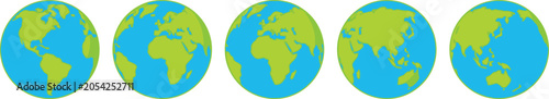 Globes displaying different continents flat vector illustration on white background