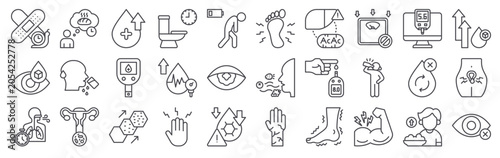 Schilderij op canvas 30 thin line Diabetes Symptoms icons for web, app and interface design featuring slow, diabetic, rapid, hunger, dehydration