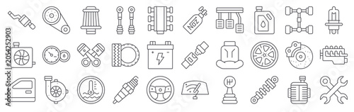 Bild auf Leinwand 30 thin line Automotive icons for web, app and interface design featuring exhaust, cooler, door, belt, speedometer
