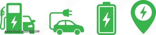 Electric Vehicle Charging Icons Green Flat Pictograms On White Background