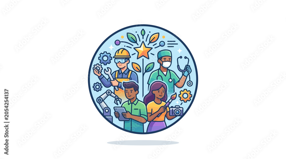 Naklejka premium Diverse Professions Collage: Engineering, Medicine, Technology, Art, Growth