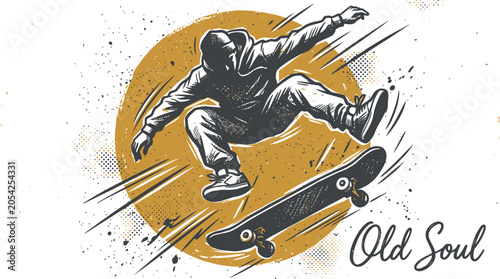 Skateboarder illustration with halftone circle and dynamic lines on white background