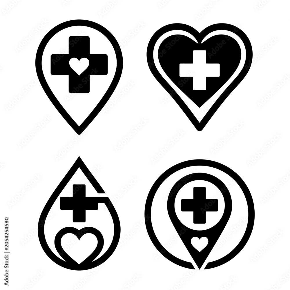 Obraz premium Medical Location Pin Logo Collection Black and White Vector Set