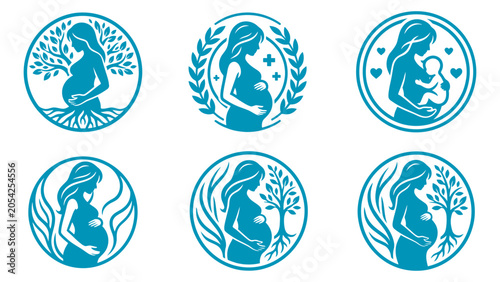 Pregnancy Mother Silhouette Logo Collection Blue Vector Set