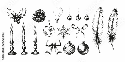 Vintage Engraving Collection Of Holiday Ornaments And Botanical Elements