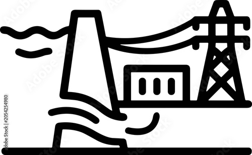 Industrial Power Plant Icon: Factory, Smoke, Power Lines, Electricity Tower