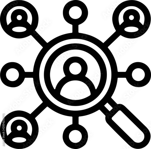 Magnifying glass analyzing network of people icons, symbolizing recruitment, HR, and connections