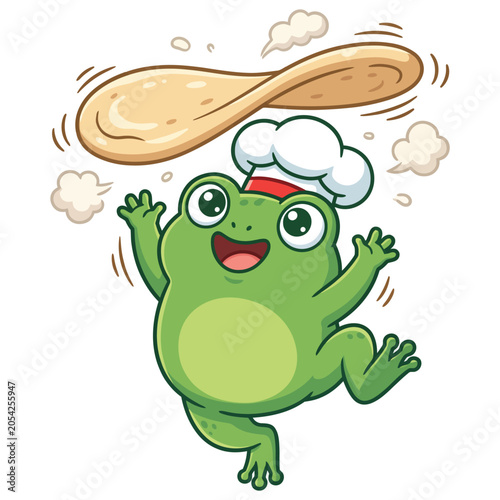 Happy green frog chef tossing pizza dough in the air isolated on transparent background, Vector, illustration