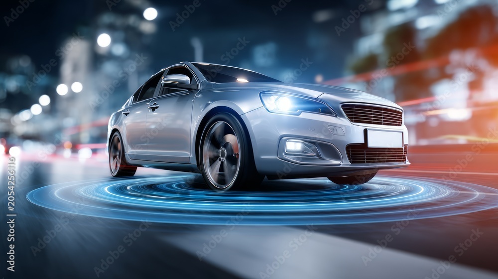 Fototapeta premium Modern Silver Sedan Car Driving on City Street at Night with Motion Blur