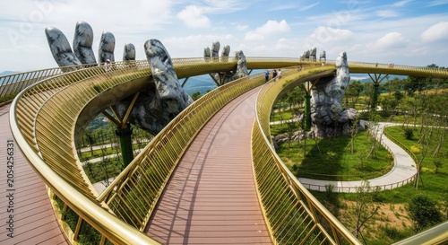 Golden bridge held by two giant stone hands at ba na hills in da nang, vietnam