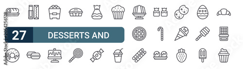 Foto Pack of 27 linear Desserts and Candies web icons such as roll cake, donut, chewing gum, aroon, fritter
