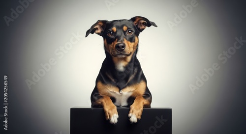 Studio portrait of a cute black and tan mixed breed dog sitting on a black box against a grey background