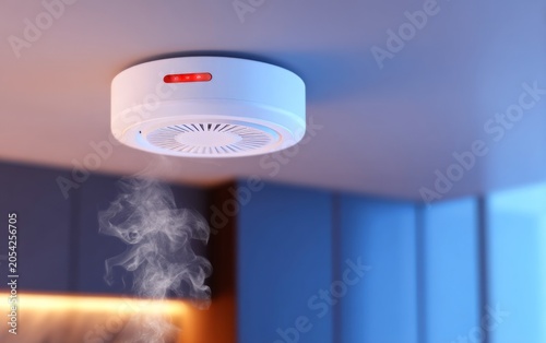 Modern Smoke Detector Hanging from Ceiling in Contemporary Indoor Space