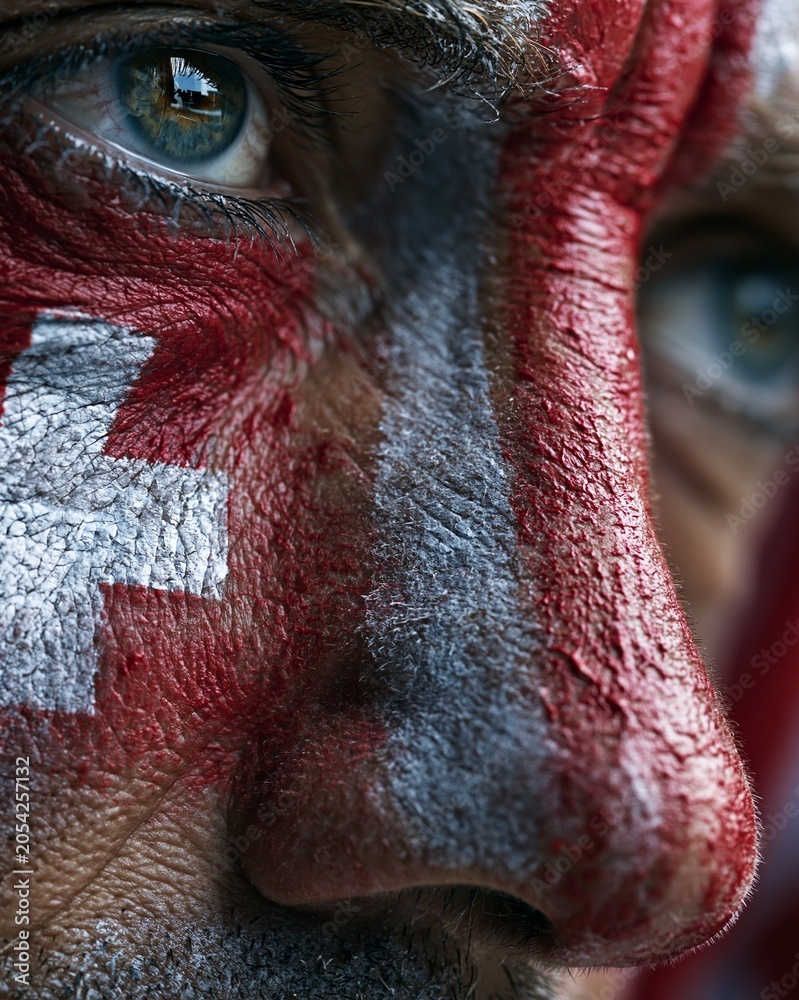 Naklejka premium Extreme closeup of a Switzerland fans face with a vibrant red and white national cross painted on the cheek showing intense focus and team spirit during a soccer match.