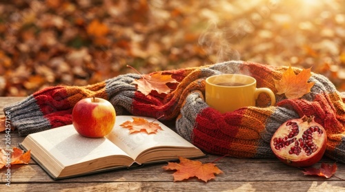 Cozy autumn scene with a hot cup of coffee, an open book, an apple, and a pomegranate on a wooden table