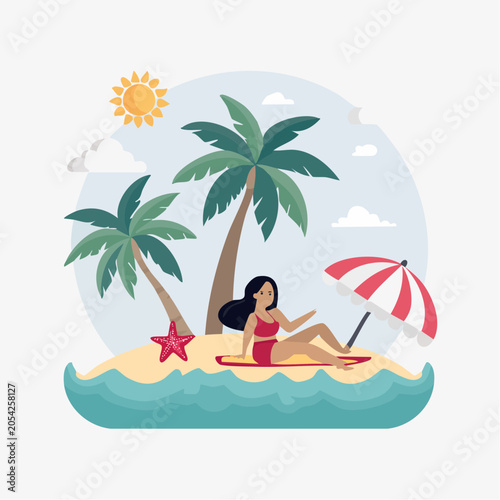 Woman Relaxing on Tropical Beach with Palm Trees and Umbrella