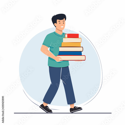 Young man carrying a stack of books