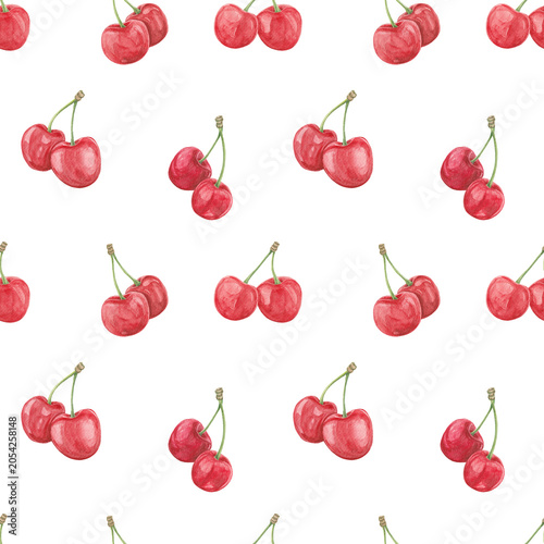 Watercolor checkered pattern. Watercolor texture. Checkered background. Watercolor cherry pattern. Seamless summer pattern. Juicy red cherries with bows. Kitchen print. Kitchen wallpaper. Print daisy.