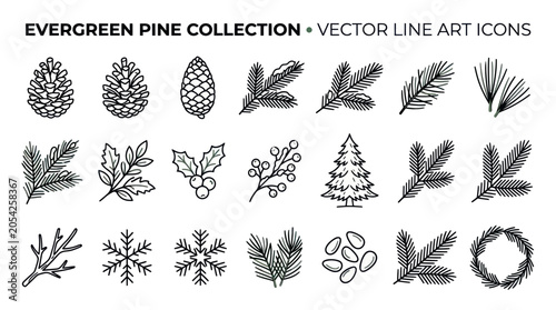 Evergreen Pine Line Art Icons.