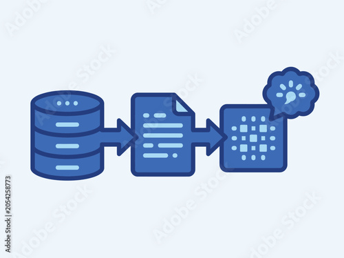 Data processing pipeline icon, database to document to artificial intelligence processing, vector illustration