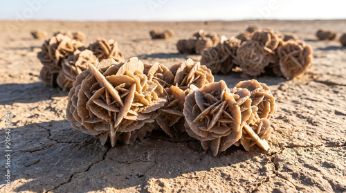 Close up of selenite desert rose mineral formations on a dry cracked earth ground