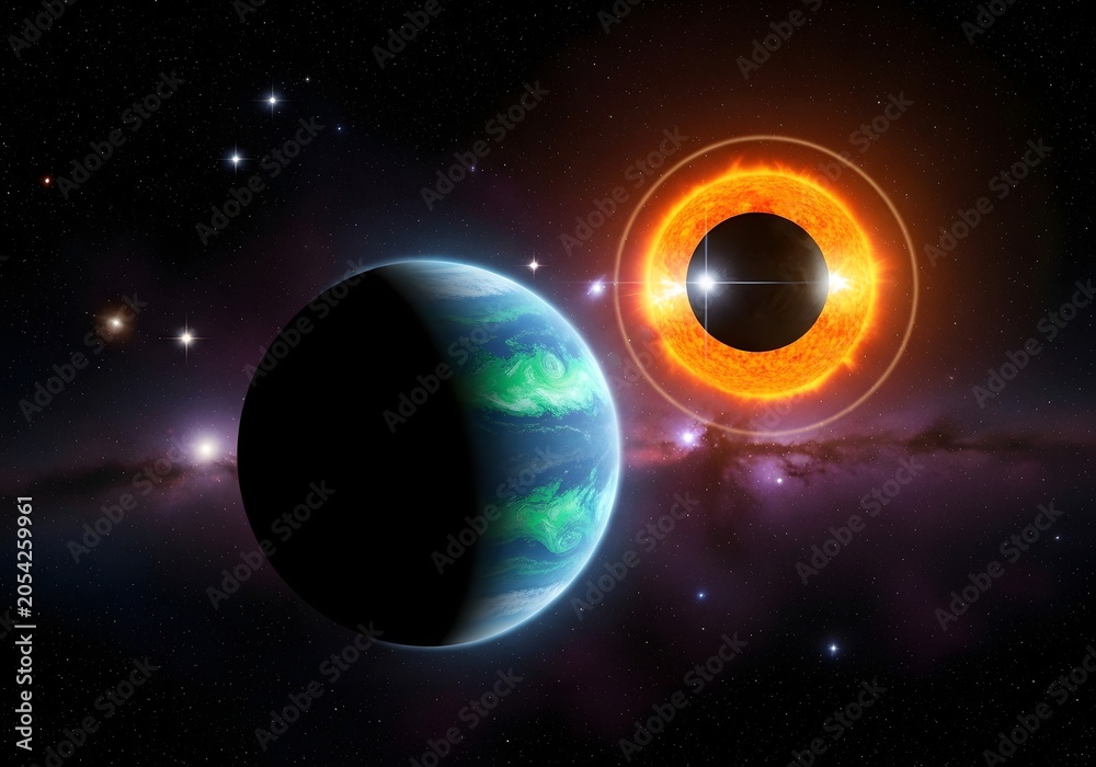 Fototapeta premium Earth and Moon Floating in Space Near the Sun and Stars