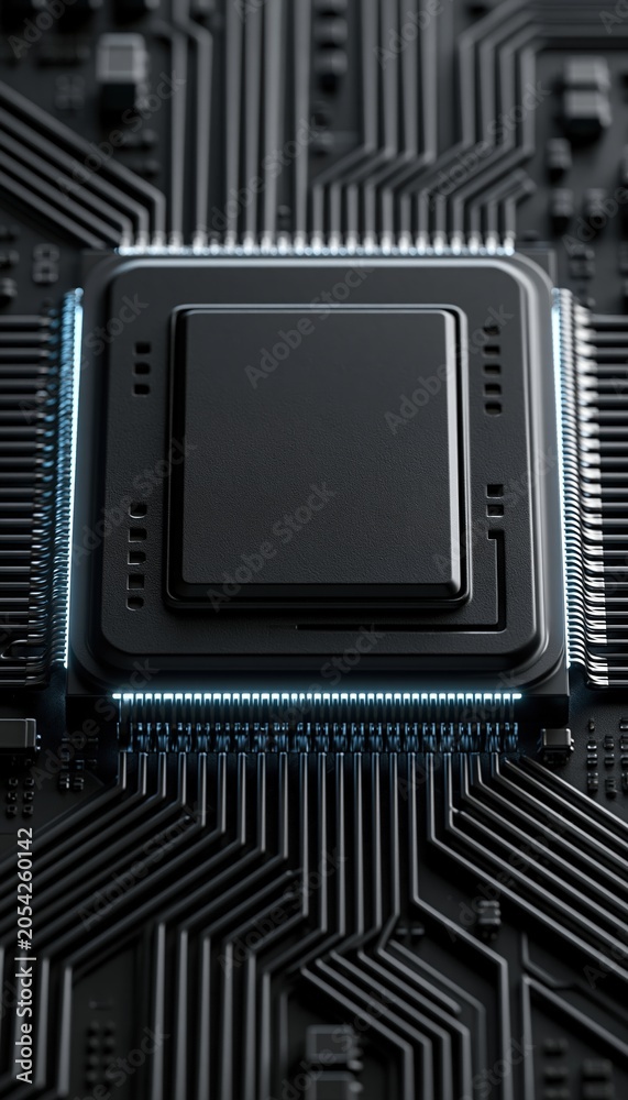 Fototapeta premium Unmarked microchip embedded in sleek black circuit board with rim lighting
