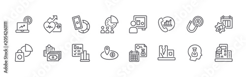 Collection of 16 outline Finance Business Line icons with digital, analytic, healthcare, cash, invest. Thin line vector illustration set
