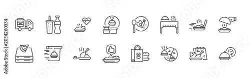 Collection of 16 outline Catering Line icons with foodtruck, pizza, soda, delivery, healthy. Thin line vector illustration set