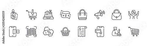 Collection of 16 outline Sales icons with tag, cash, shopping cart, barcode, cash register. Thin line vector illustration set
