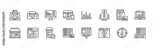 Collection of 16 outline Digital Marketing icons with email, store front, online shop, advertising, insight. Thin line vector illustration set