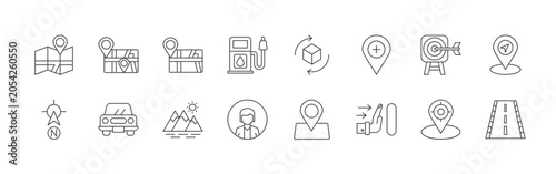 Collection of 16 outline Navigation and Maps icons with map, north, location, car, map. Thin line vector illustration set