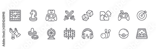 Photos Collection of 16 outline Game icons with board game, slingshot, chess, air hockey, mobile gaming