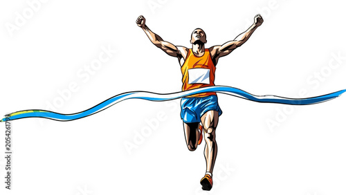 Slika na platnu Man crossing finish line with arms raised.