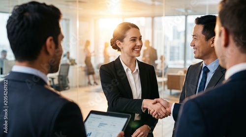 Successful businesswoman shaking hands with business partner in conference room isolated on transparent background for partnership presentations