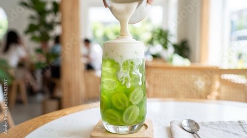 Pouring thick cheese foam onto layered green shine muscat grape tea drink