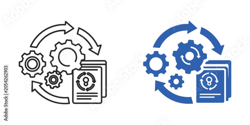 Abstract process flow with gears and documents in circular motion representing workflow optimization