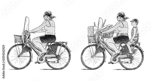 Фотография Sketch of a mother with her son riding a bike