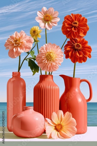 Upcycled coral vases made from plastic bottles with pink dahlias arranged by the sea