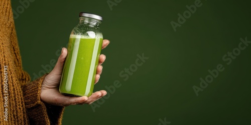 Fresh Green Juice in Glass Bottle Held by Hand with Healthy Drink and Dark Background mock-up image