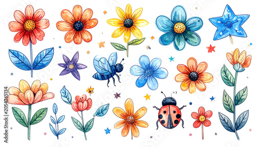 Bunte Kinderillustration mit Marienkäfer, Schmetterling und Blumen