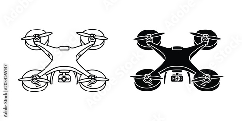 Quadrotor drone in outline and solid black silhouette on white background for technology concepts