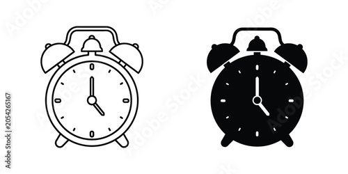 Retro alarm clock outlined and solid shapes on white background for design